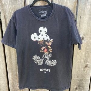 Men's Disney x Neff Black Mickey Mouse‎ Silhouette T-Shirt L Cotton Floral Crew